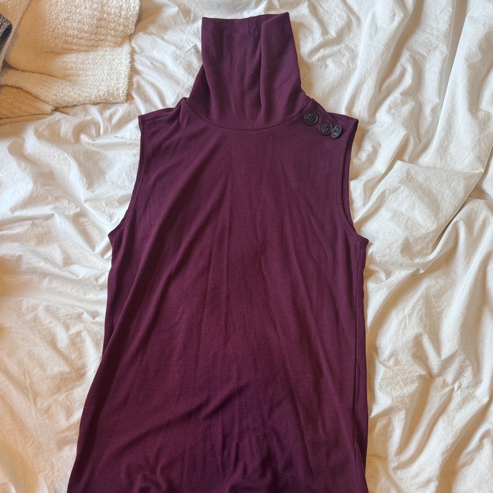 L'AGENCE Sleeveless Turtleneck Tank in Wine with Button Shoulder